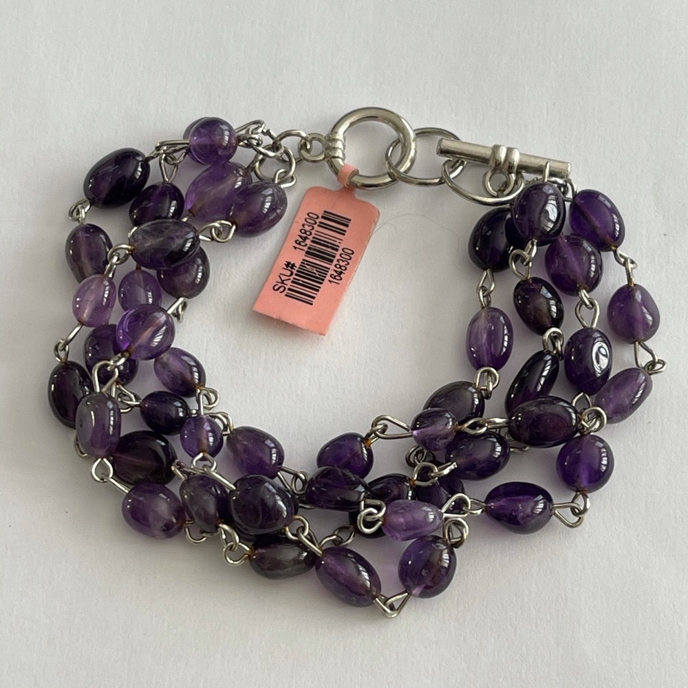 Natural amethyst bead silver bracelet